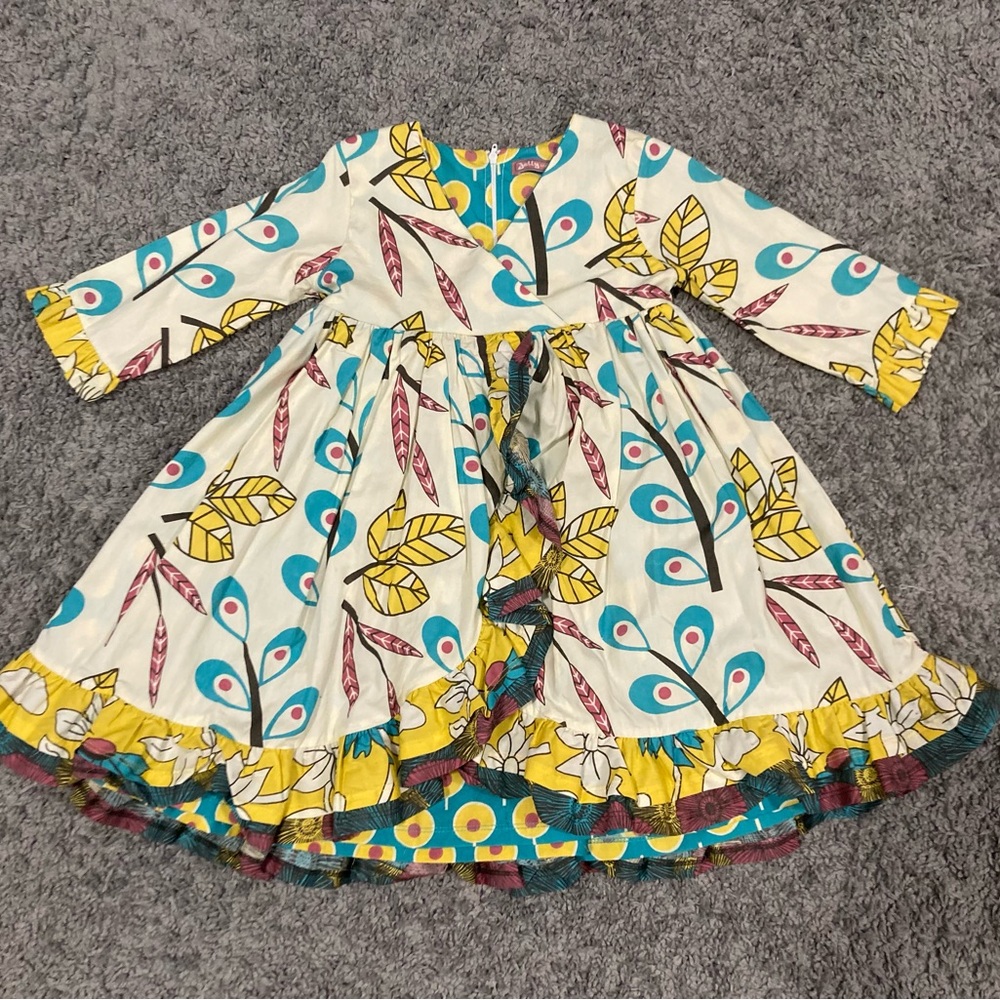 Jelly The Pug White and Yellow Kids Dress with Leaf Print